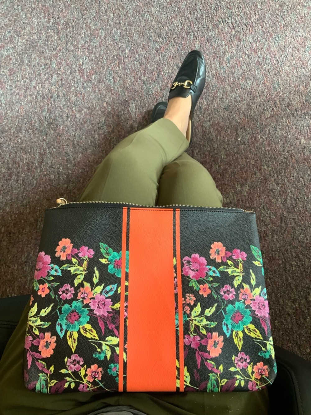 Banana Republic Black Floral Shoulder Bag with Orange Center Stripe